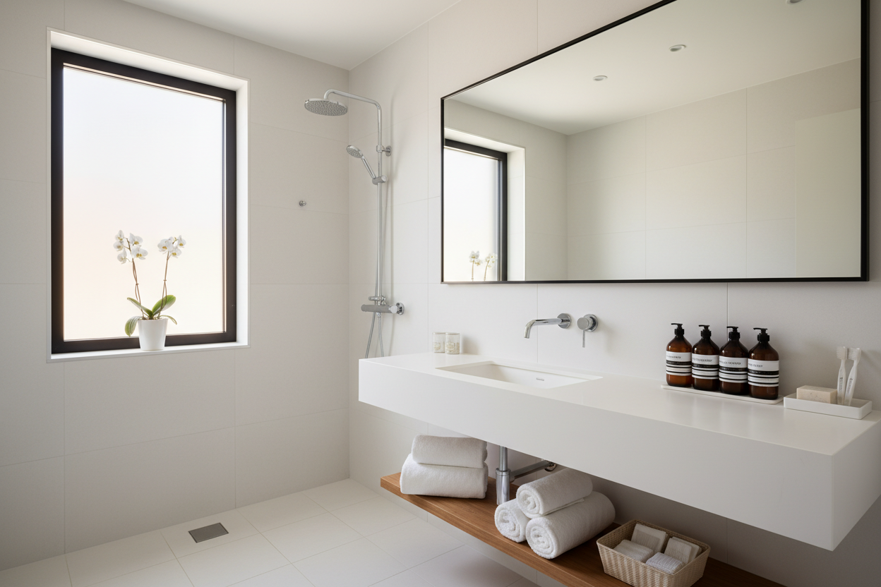minimalist hotel bathroom with neatly arranged amenities